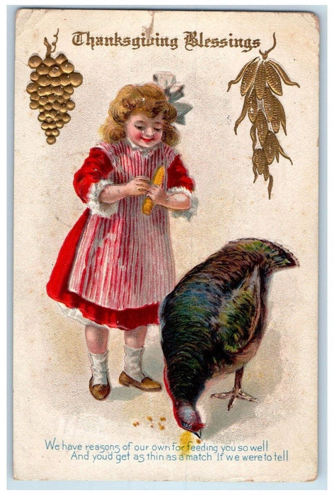 1911 Thanksgiving Blessings Woman Feeding Turkey Corn Elyria Ohio OH Postcard
