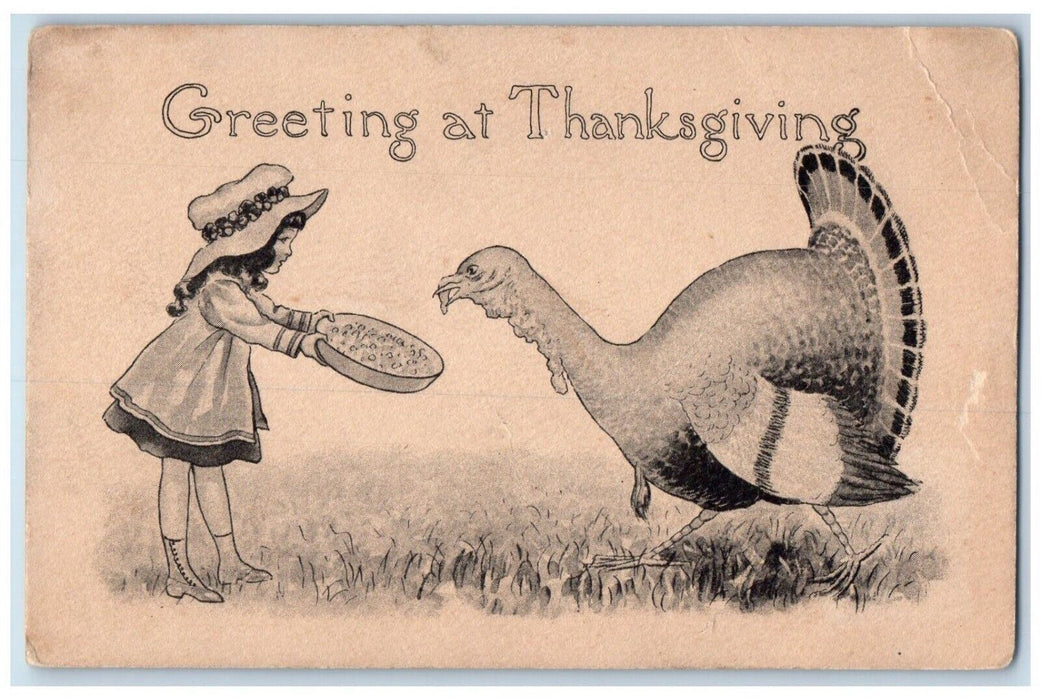 c1910's Thanksgiving Greetings Little Girl Feed Turkey Posted Antique Postcard