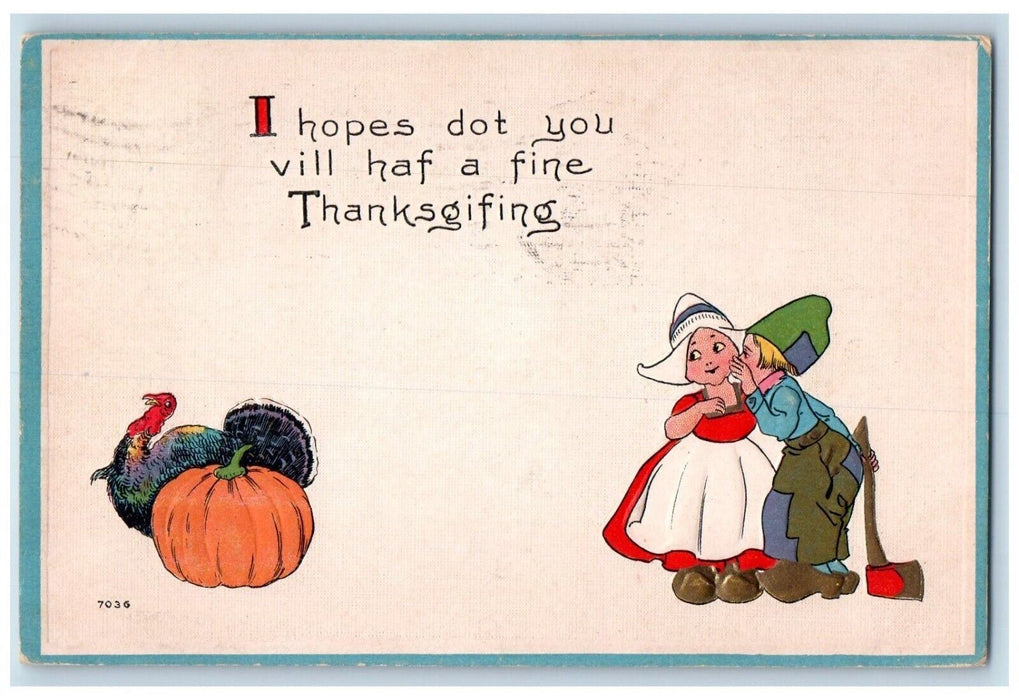 1914 Thanksgiving Dutch Kid Whispering Ax Turkey Pumpkin Everest MA Postcard
