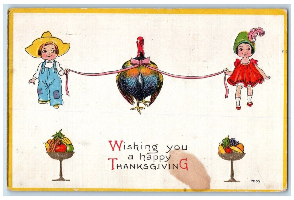 1914 Thanksgiving Children Cached Turkey Fruits Battle Creek MI Antique Postcard