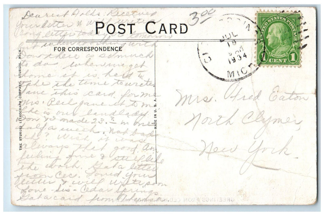 1934 Greetings from Cedar Springs Michigan MI Vintage Posted Postcard