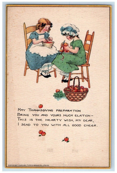 1920 Thanksgiving Girls Preparation Fruit In Basket Tuck's Vintage Postcard