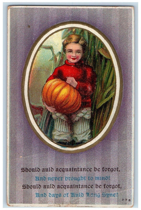 1910 Thanksgiving Boy Holding Big Pumpkin Embossed Winsch Back Antique Postcard