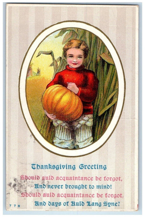 c1910's Thanksgiving Greetings Boy Holding Pumpkin Embossed Antique Postcard