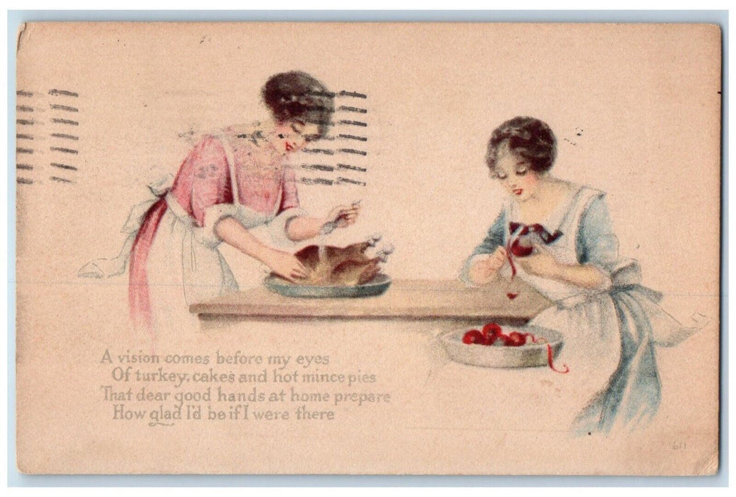 1914 Thanksgiving Womens Preparing Turkey Hot Mince Pies Wooster OH Postcard