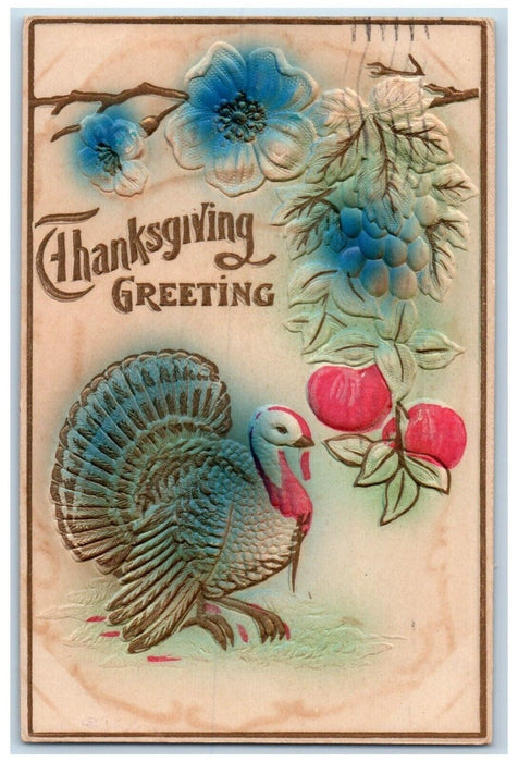 1910 Thanksgiving Greeting Turkey Flowers Fruits Airbrushed Embossed Postcard