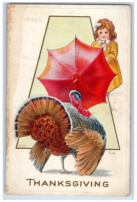 c1910's Thanksgiving Woman With Umbrella Turkey Embossed Antique Postcard