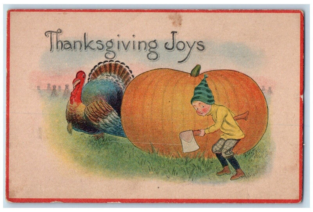 c1910's Thanksgiving Joys Boy With Ax Hiding Giant Pumpkin Turkey Postcard