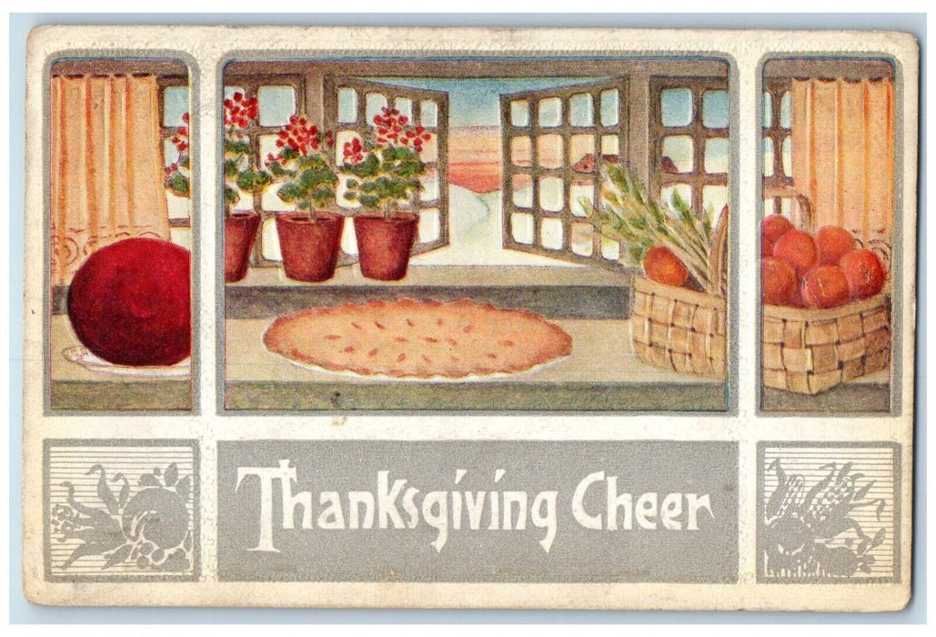 1923 Thanksgiving Cheer Pie And Fruits Flowers Embossed Pittsburg PA Postcard