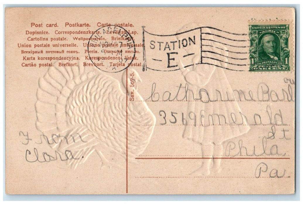 1907 Thanksgiving Greetings Girl Turkey Embossed Philadelphia PA Posted Postcard