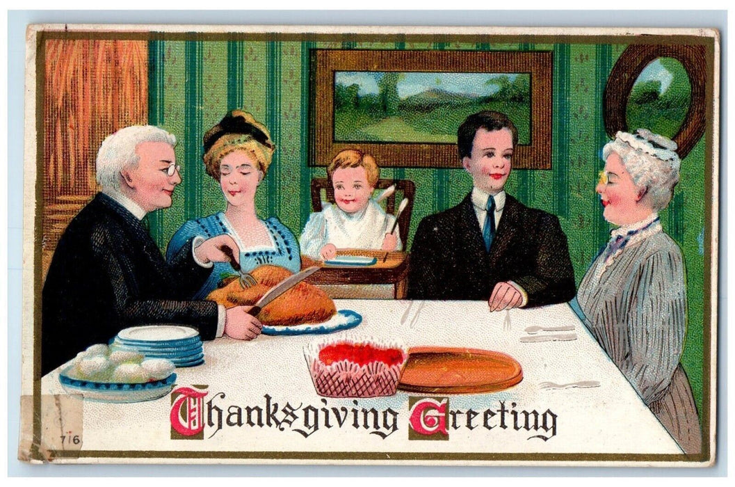 1912 Thanksgiving Greeting Family Dinner Turkey Embossed Posted Antique Postcard