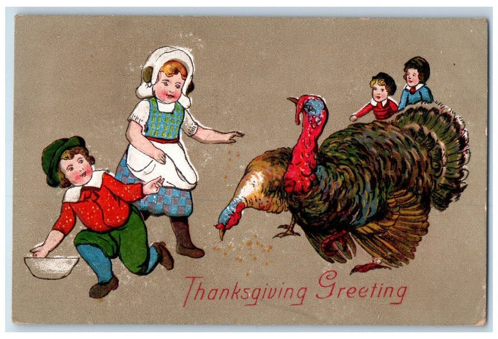 1908 Thanksgiving Greeting Children Feeding Turkey Embossed Antique Postcard