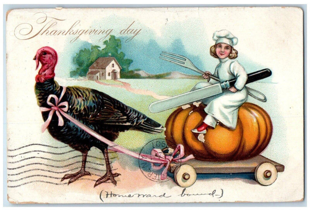 1907 Thanksgiving Day Turkey Pulling Wagon With Big Pumpkin Chef Tuck's Postcard