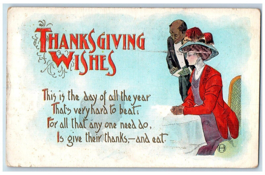 1909 Thanksgiving Wishes Victorian Woman Ordering Embossed Boston MA Postcard