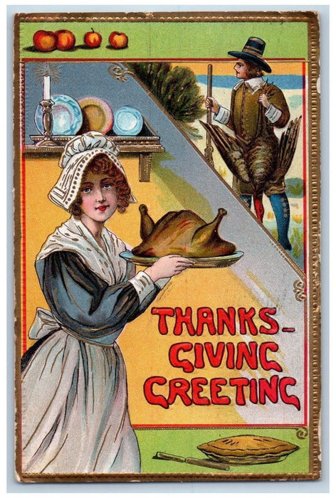 1909 Thanksgiving Greetings Woman Serving Turkey Embossed Boston MA Postcard