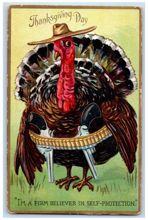 1909 Thanksgiving 2nd Amendment Gunslinger Embossed Tuck's Antique Postcard