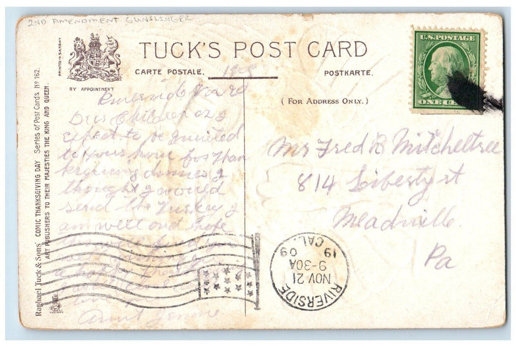 1909 Thanksgiving 2nd Amendment Gunslinger Embossed Tuck's Antique Postcard