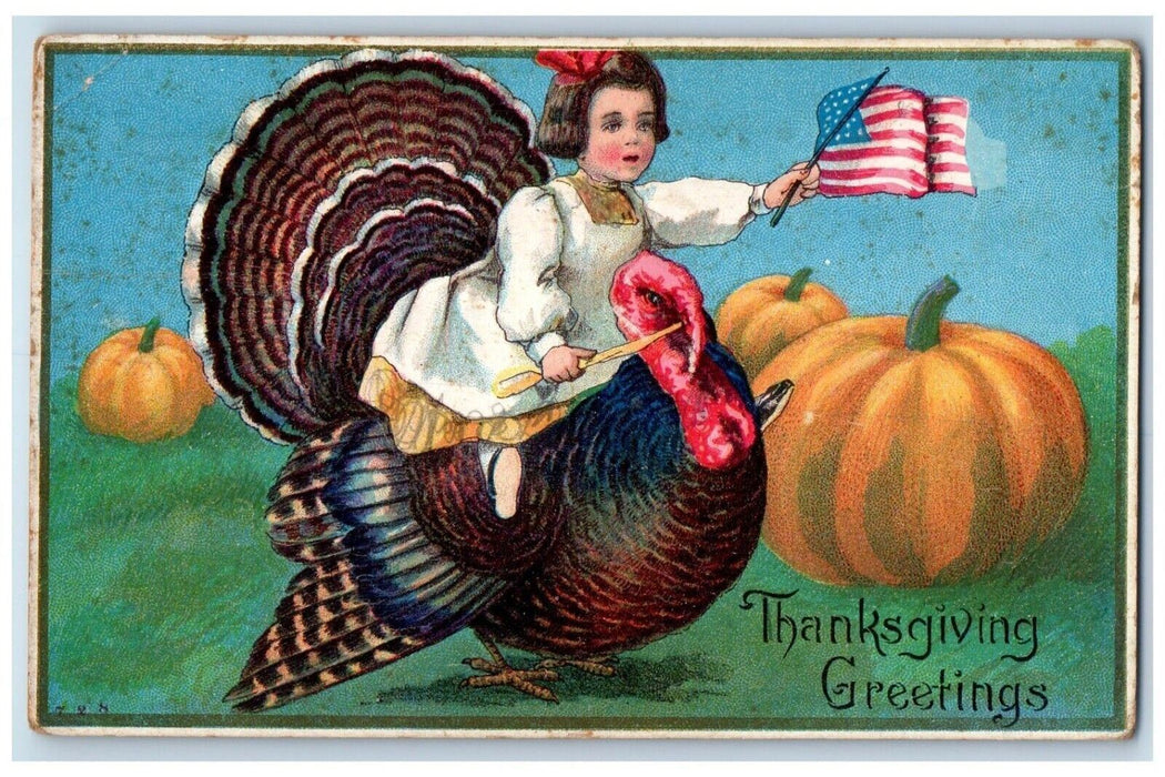 1910 Thanksgiving Greetings Little Girl Riding Turkey Flag Pumpkin Postcard