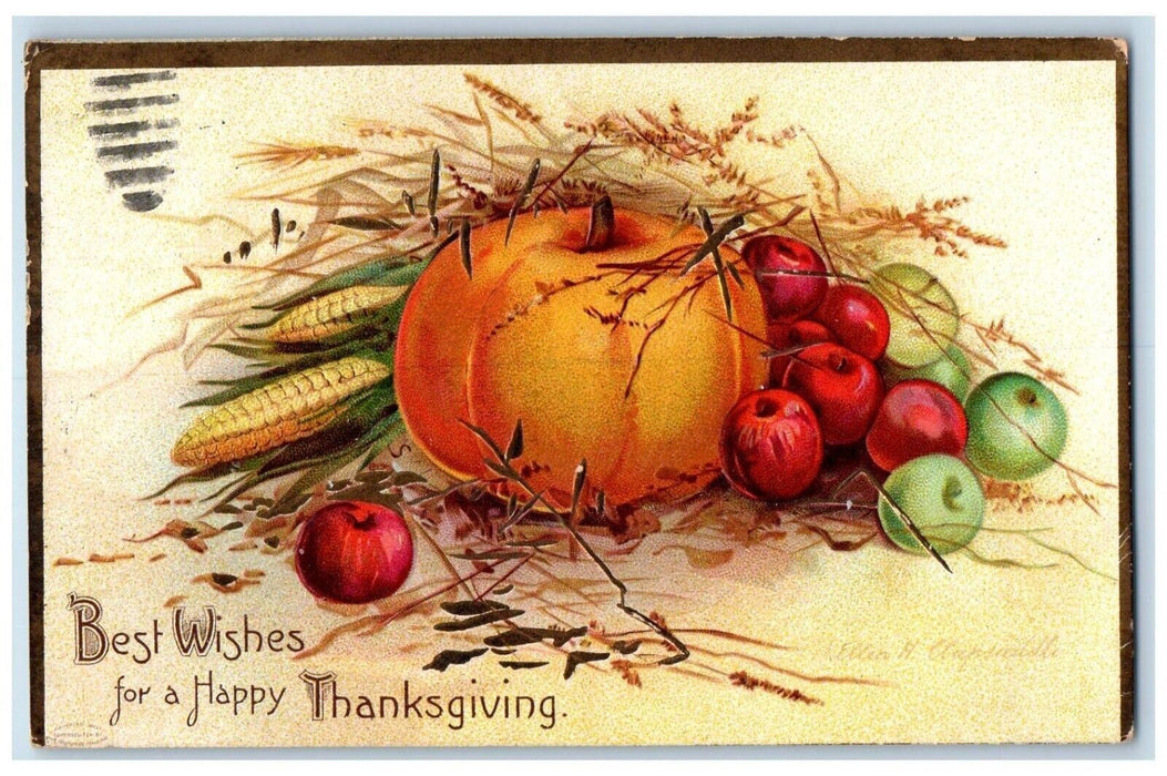 1907 Thanksgiving Fruits Pumpkin Corn Ellen Clapsaddle Artist Signed Postcard