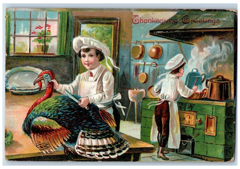 1908 Thanksgiving Greetings Turkey Chef Cooking Turkey Embossed Antique Postcard