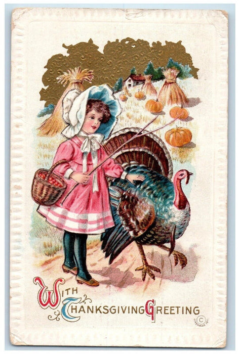 1911 Thanksgiving Greeting Turkey Woman With Basket Pumpkin Embossed Postcard