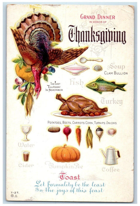 1913 Thanksgiving Grand Dinner Turkey Embossed Stamford Connecticut CT Postcard