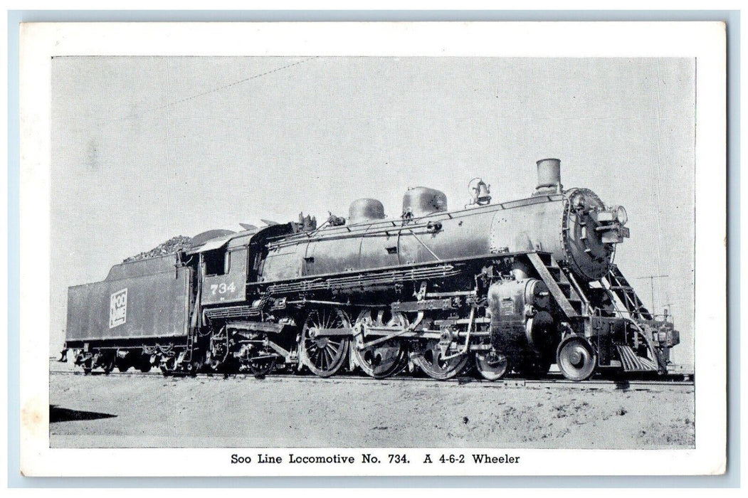 c1940 Soo Line Locomotive No. 734 Wheeler Boiler Rail Owen Wisconsin WN Postcard