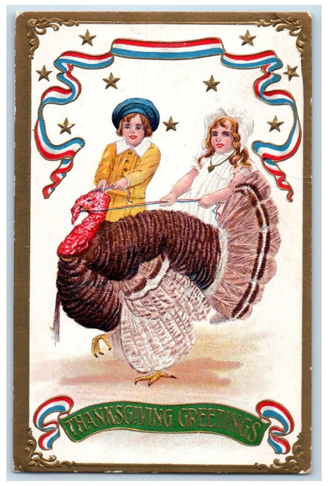 1909 Thanksgiving Greetings Children Cached Turkey Embossed Antique Postcard