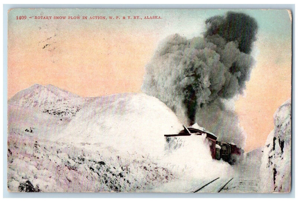1908 Rotary Snow Plow In Action Locomotive Train Mountain Ry Alaska AK Postcard