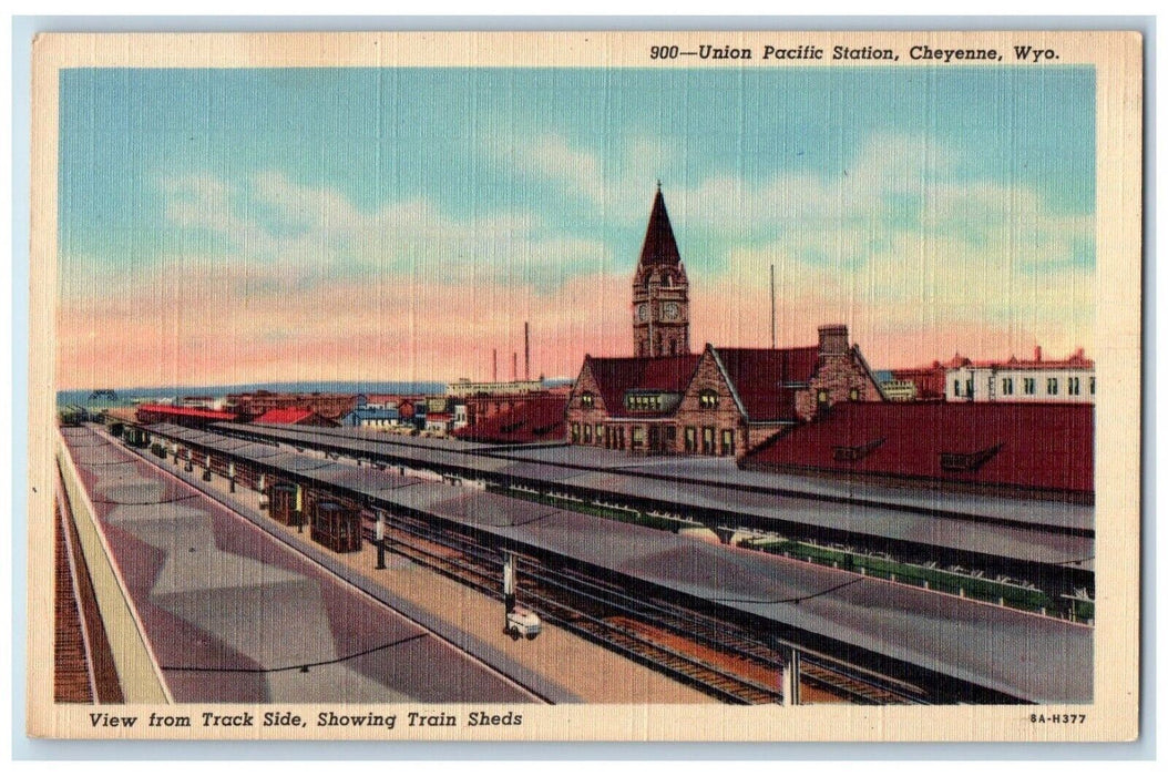 c1940 Union Pacific Station Track Side Train Sheds Cheyenne Wyoming WY Postcard