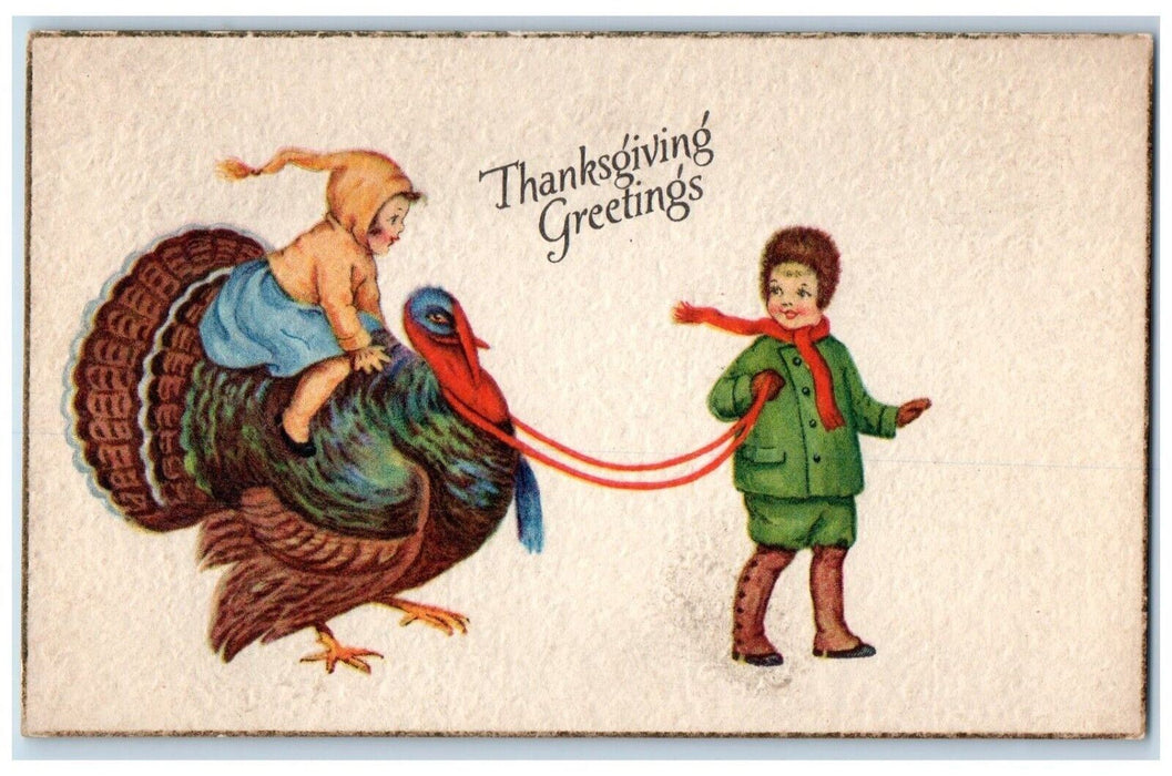 c1910's Thanksgiving Greetings Boy Pulling Turkey Girl Riding Antique Postcard