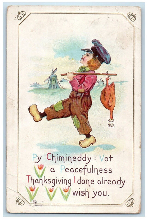1920 Thanksgiving Dutch Boy Carrying Turkey Embossed Poolesville MD Postcard