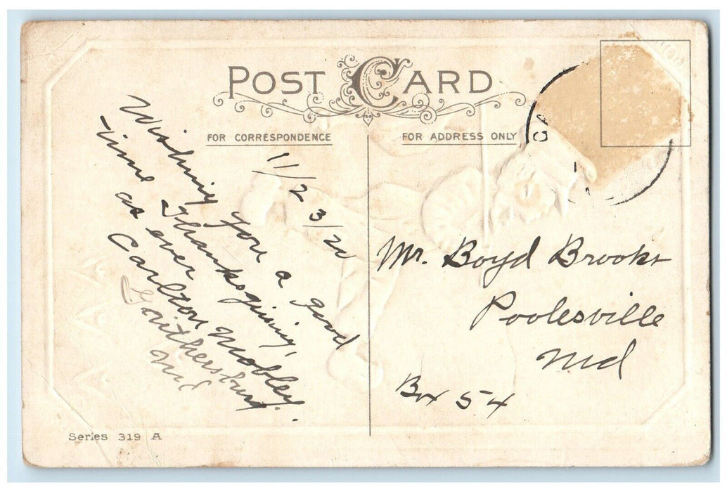 1920 Thanksgiving Dutch Boy Carrying Turkey Embossed Poolesville MD Postcard
