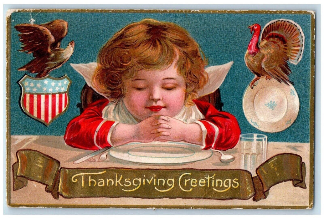 Thanksgiving Greetings Little Girl Praying Before Eat Turkey Embossed Postcard