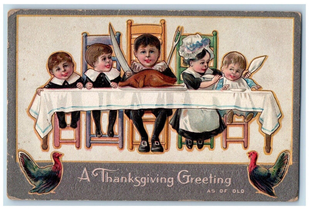 Thanksgiving Greetings Family Eat Turkey Big Knife Embossed Antique Postcard