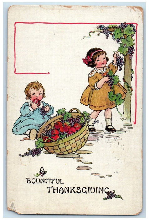 1919 Thanksgiving Children Harvesting Grapes Fruits In Basket Tuck's Postcard