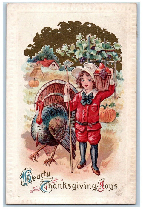 c1910's Thanksgiving Joys Boy With Fruits Basket Turkey Embossed Posted Postcard