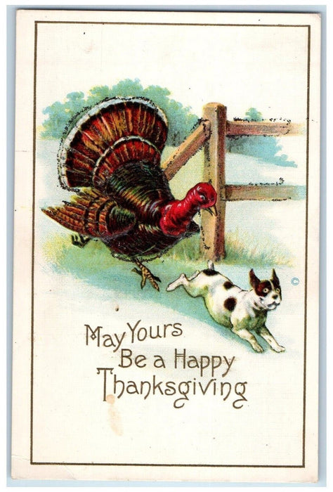 c1910's Thanksgiving Turkey Chasing Puppy Dog Embossed Posted Antique Postcard