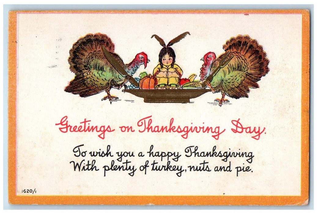 1915 Thanksgiving Turkeys Eating Fruit With Knife Fork New Haven CT Postcard