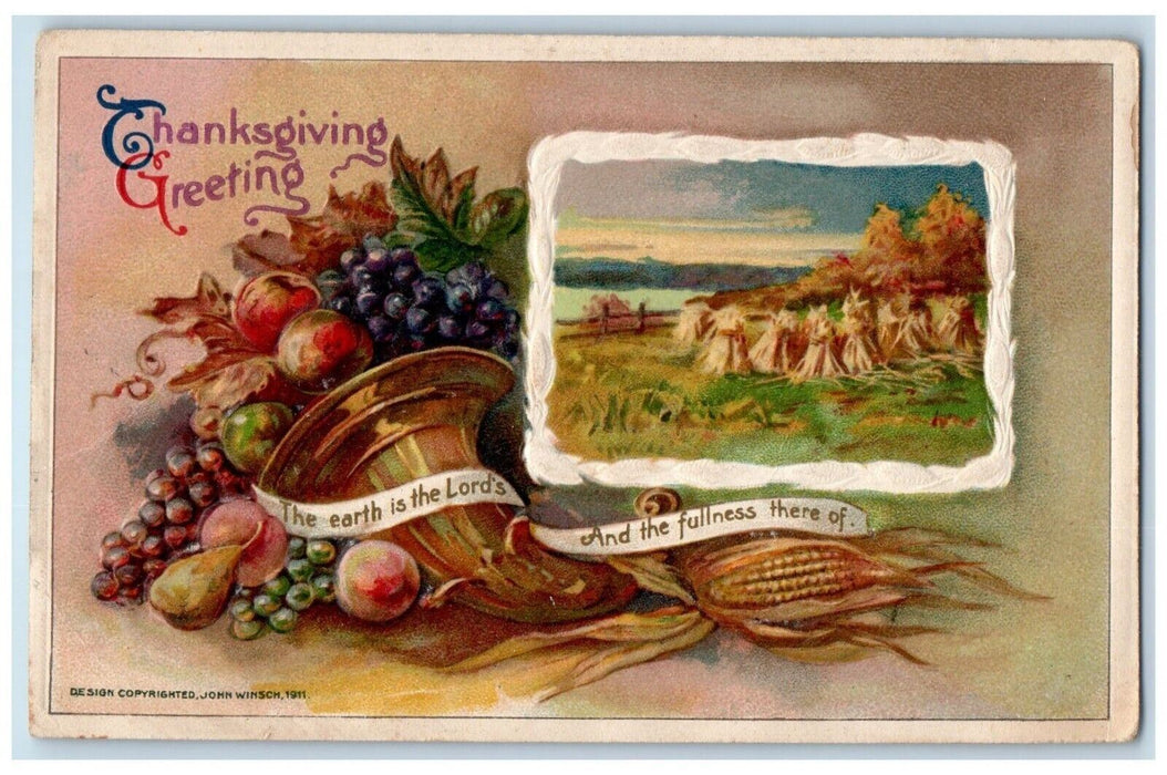 c1910's Thanksgiving Greetings Cornucopia Fruits Field John Winsch Postcard