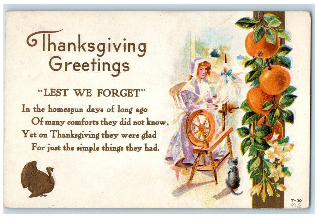 c1910's Thanksgiving Greetings Woman Spinning Wheel Fruits Embossed Postcard