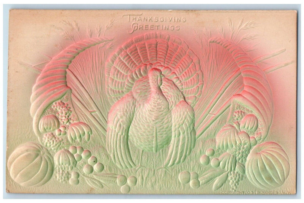 c1910's Thanksgiving Greetings Turkey And Cornucopia Fruits Airbrushed Postcard