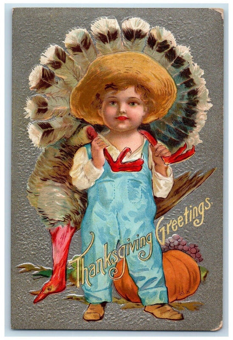 c1910's Thanksgiving Greetings Boy Cached Turkey Fruits Embossed Posted Postcard