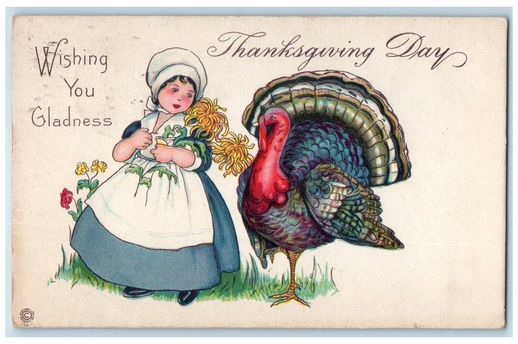 1920 Thanksgiving Day Woman Maid With Flowers Turkey Newport PA Antique Postcard