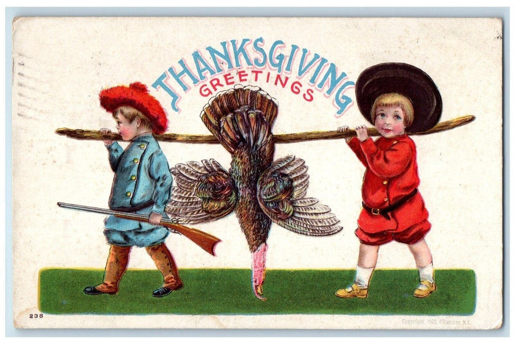 1911 Thanksgiving Greetings Boys Hunting Rifle Cached Turkey Embossed Postcard