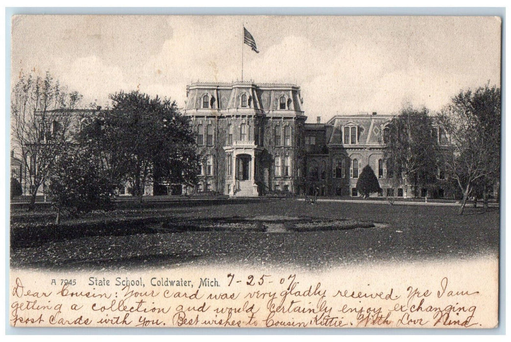1907 State School Coldwater Michigan MI Stamp Posted Antique Postcard