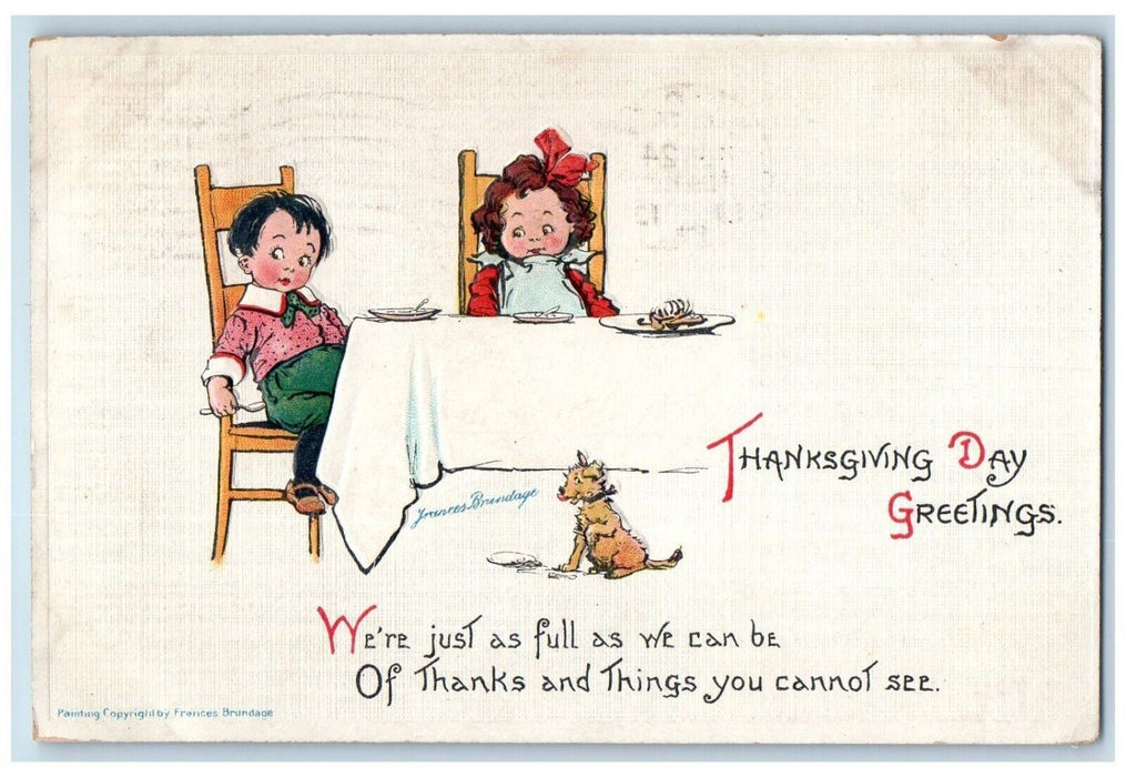 1913 Thanksgiving Greetings Children Eating Dog Brundage Oil City PA Postcard