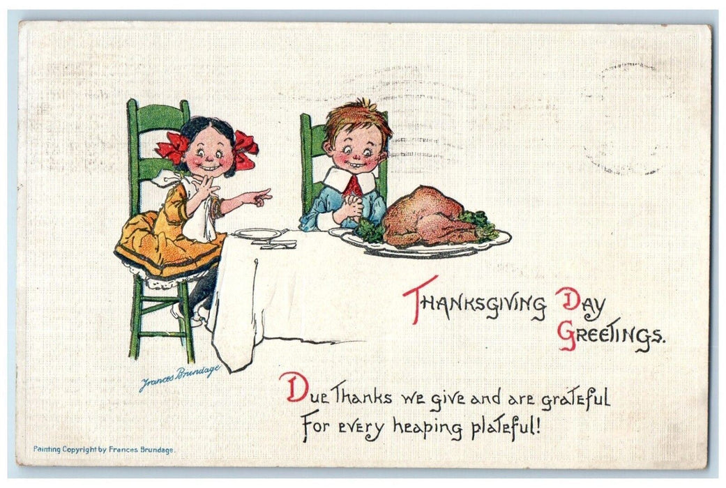 1913 Thanksgiving Greetings Children Turkey For Dinner Brundage Antique Postcard