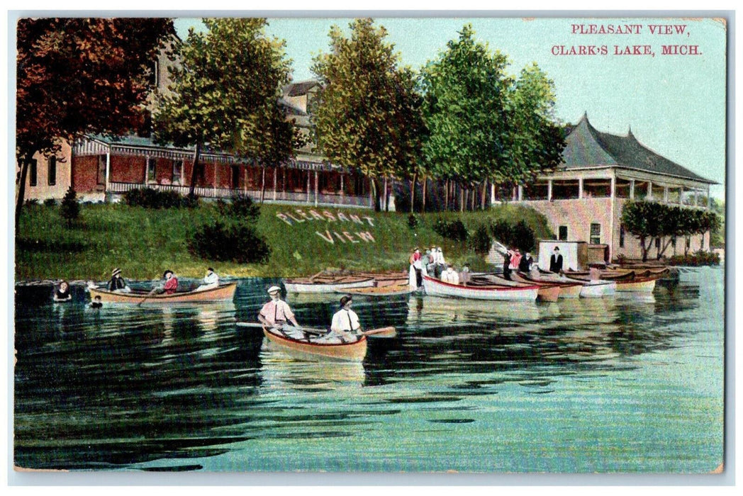 1908 Pleasant View Boating Clark's Lake Michigan MI Napoleon MI Postcard