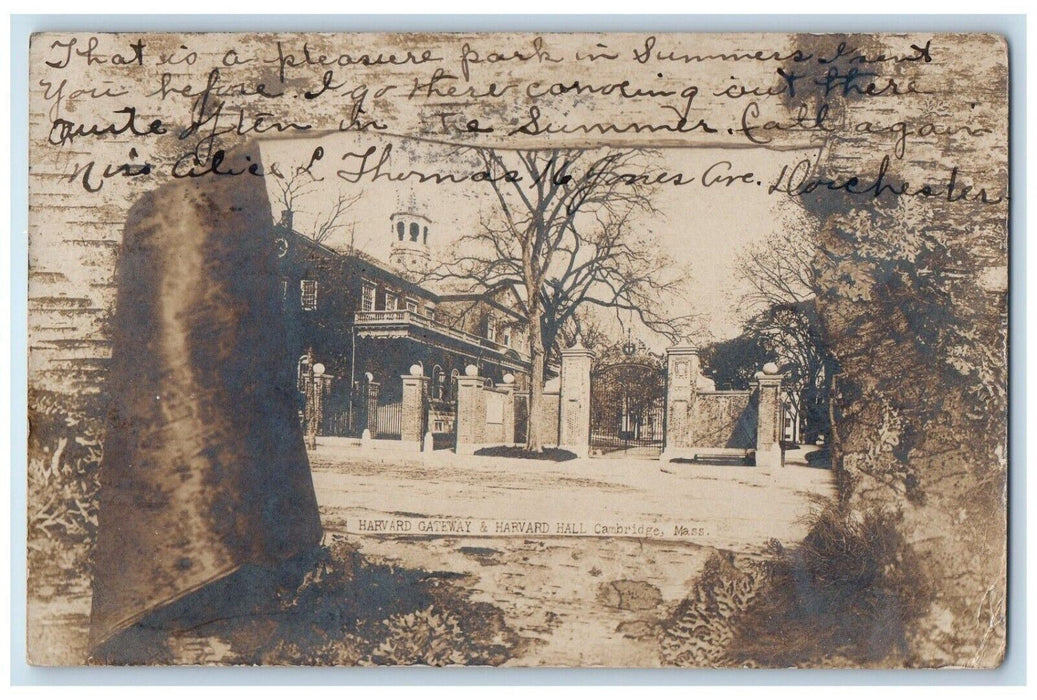 1908 Harvard Gate & Harvard Hall Cambridge Massachusetts MA RPPC Photo Postcard